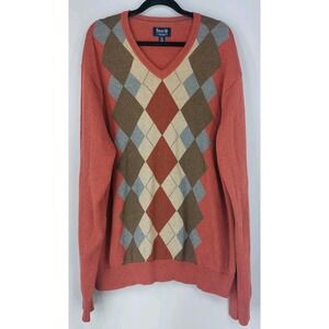Bass & Co. Argyle Sweater Mens Size XL 100% Cotton Rust Brown Blue Diamond‎